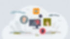 Abstract art of a person sitting on a screen with eye, ear, and hand icons around. Cloudy backdrop, pastel colors, digital theme.