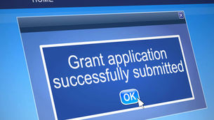 Blue computer dialog says Grant application successfully submitted with OK button and cursor on screen