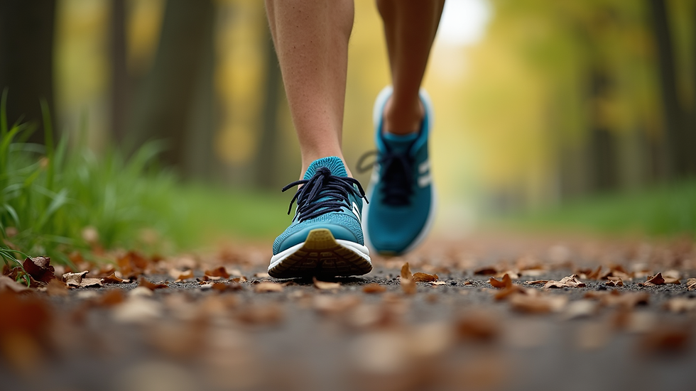 Close-up view of running shoes on a park trail