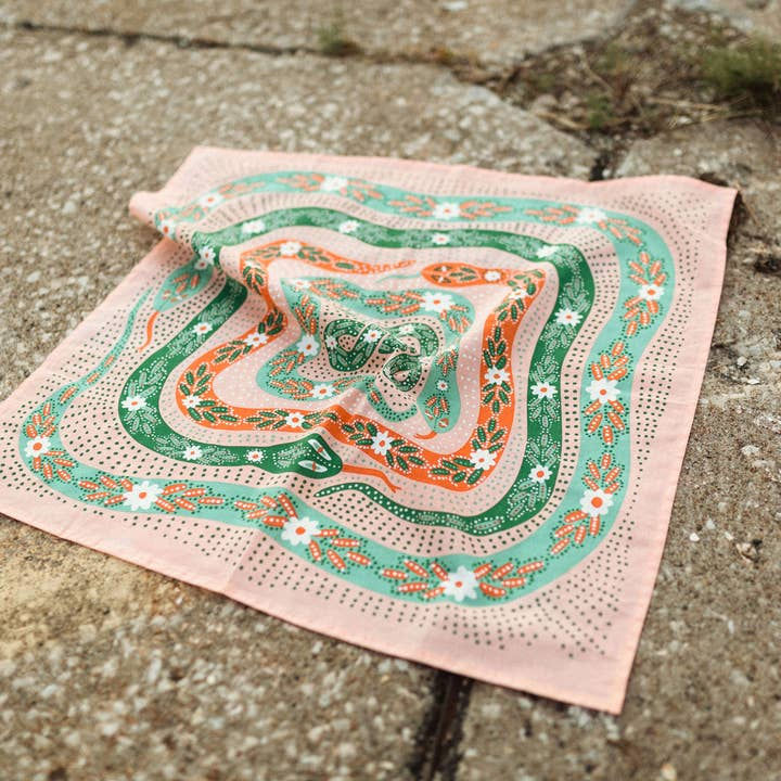 Thumbnail: Pink Snake Illustration Cotton Bandana: Versatile Hair Accessory & Outdoor Esse