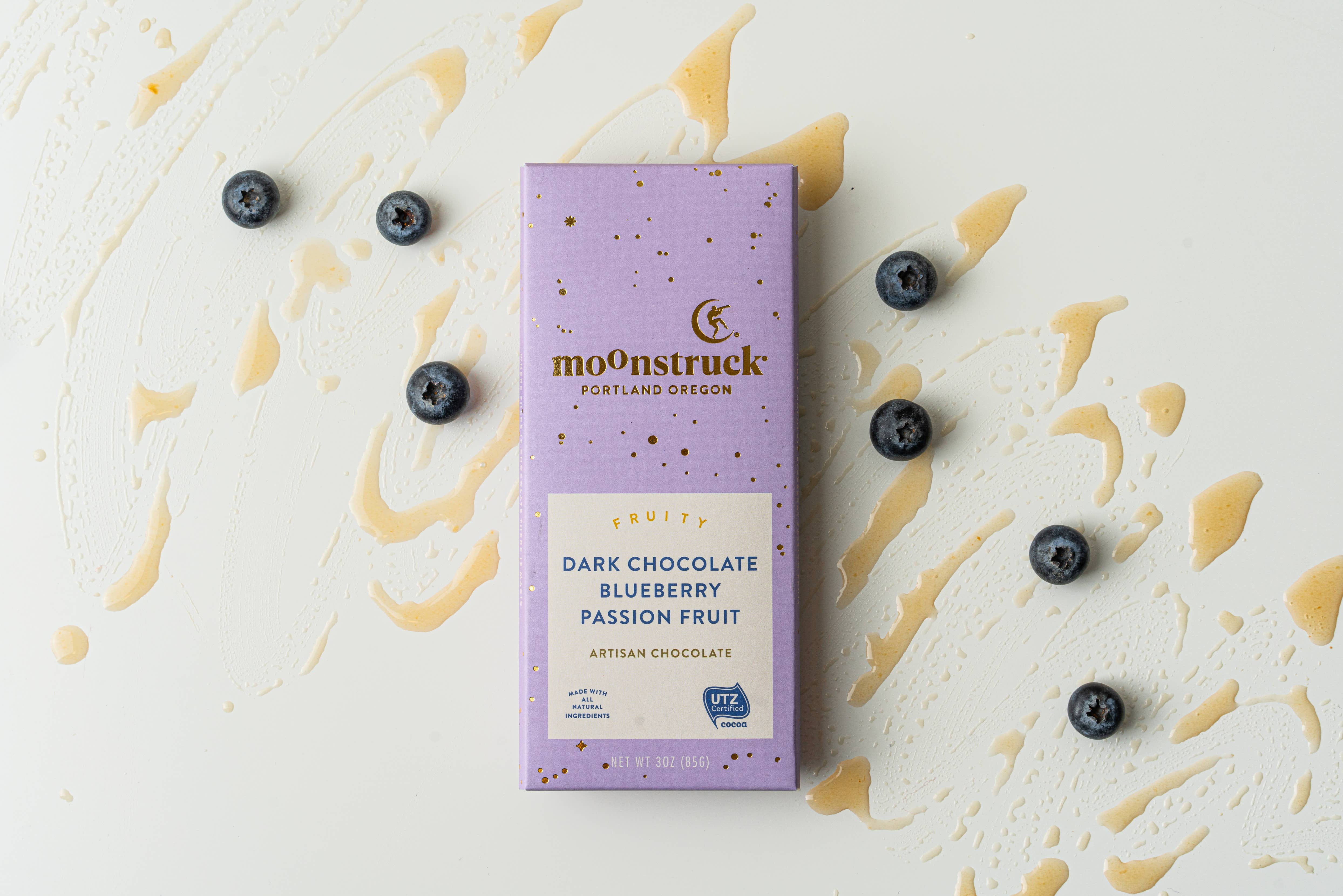 Fruity Dark Chocolate Blueberry Passion Fruit Artisan Chocolate Bar