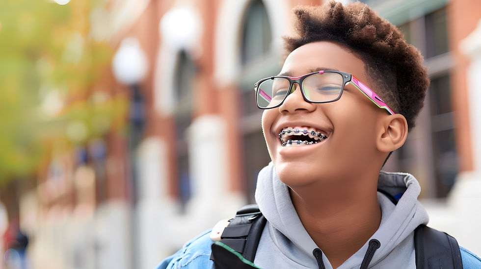 Happy boy with braces and colorful glasses, outdoors, symbolizing our advocacy for community health and support for all ages