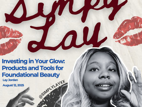 Smiling woman with long hair, hand gesture; red lips, textured background. Text: "Simply Lay," beauty tools event, Aug 12, 2025.