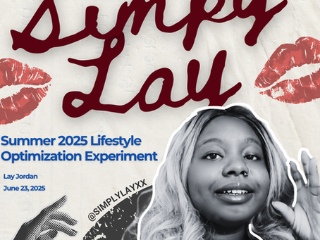 Black and white portrait of a smiling person with long hair. Red lips and cursive "Simply Lay" text overlay. "Summer 2025 Lifestyle" text in blue.