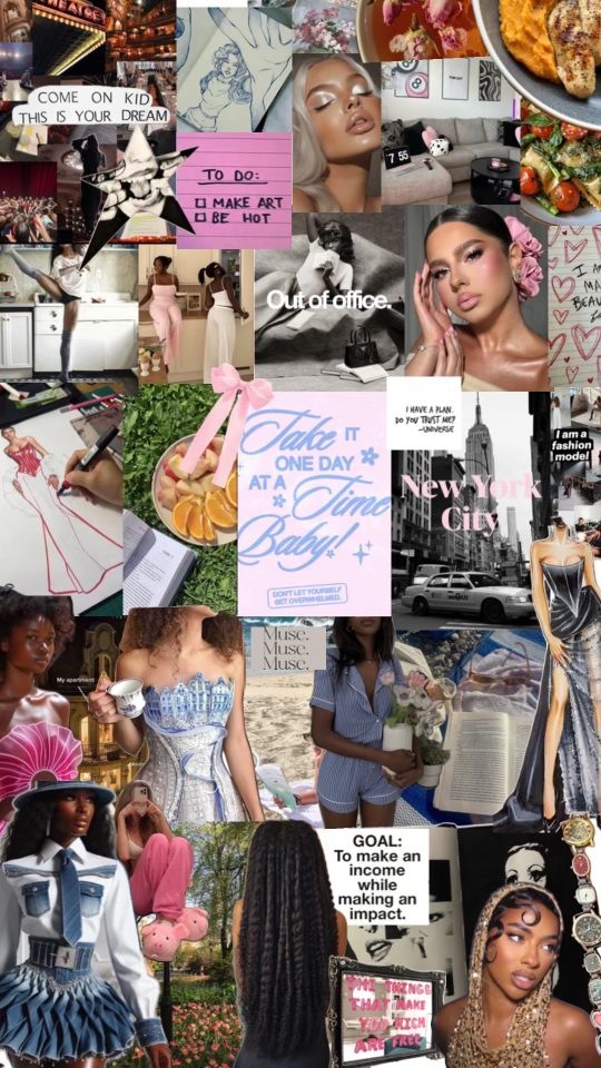 Collage of diverse images: fashion models, text like "New York City," "Take it one day at a time," and "To make art," plus vibrant settings.
