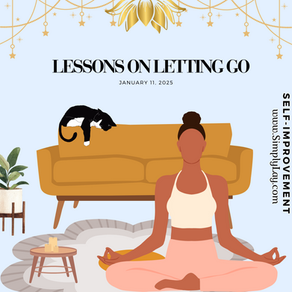 Woman meditating on a rug in front of a mustard sofa with a cat. Text: "Lessons on Letting Go, January 11, 2025, Self-Improvement."