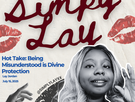 Black-and-white image of a smiling person with wavy hair. Red lips, text "Simply Lay," quote on misunderstanding, and Instagram handle in background.