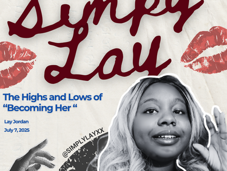Person with curly hair, hand raised, in black and white. "Simpy Lay" text in bold red cursive. Red lips pattern. Event details in blue.
