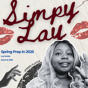 miling woman with blonde hair, graphic lipstick marks, and text "Simpy Lay," "Spring Prep in 2025," and "@SIMPLYLAYXX" on textured background.