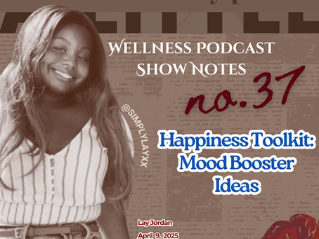 Smiling woman with wavy hair, wearing a striped top and shorts, next to podcast show notes text: "Happiness Toolkit: Mood Booster Ideas."