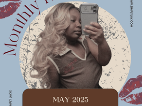 Woman taking a mirror selfie with a phone, text "Monthly Review" and "May 2025," blue background, red lipstick prints. Mood: celebratory.