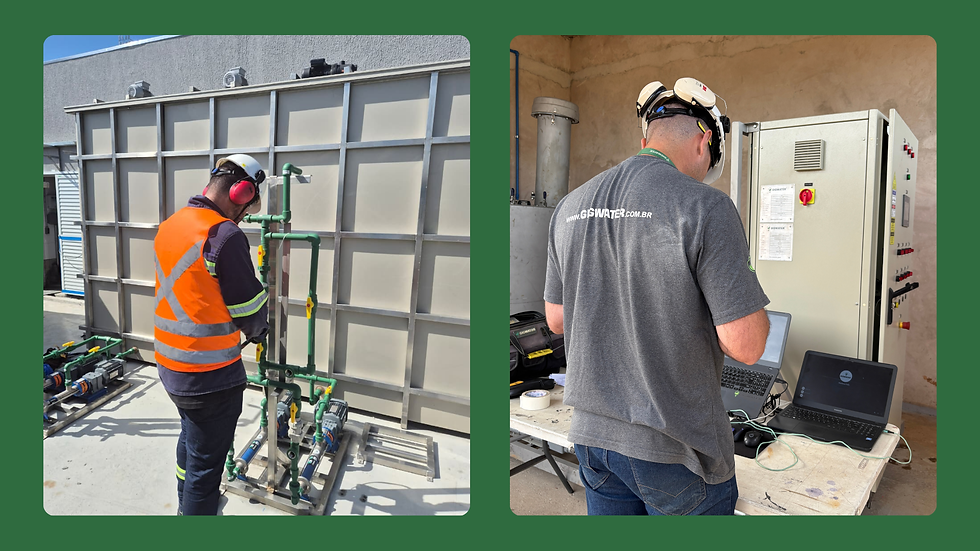 Colaboradores da GIGWATER implantando sistemas desenvolvidos internamente. 

Estação de tratamento de efluentes com MBR e Sistema de Dosagem Automática com Carvão Ativado.