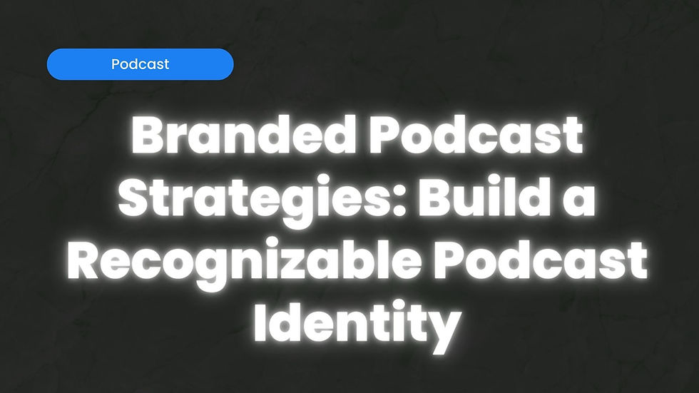 Blue button labeled "Podcast" above glowing white text: "Branded Podcast Strategies: Build a Recognizable Podcast Identity" on dark background.