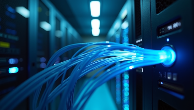 Close-up view of fiber optic cables glowing blue in a server room