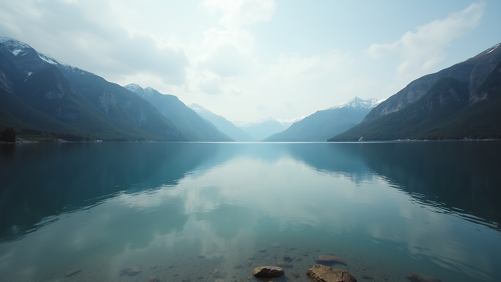 Eye-level view of a serene lake surrounded by mountains