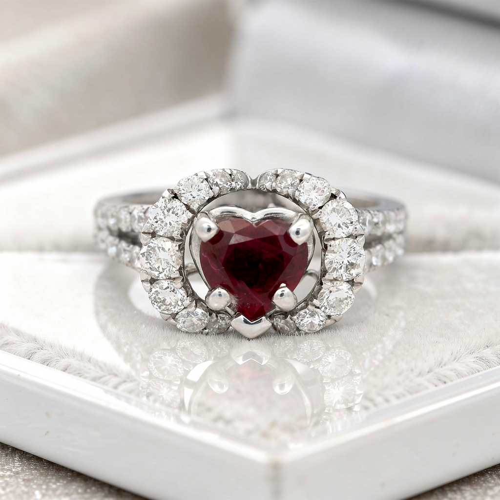 Romantic 14K White Gold Heart Ruby Halo Ring