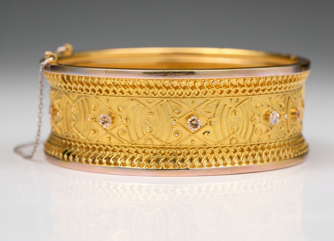 Victorian 14K Yellow Gold Etruscan Revival Bangle Bracelet