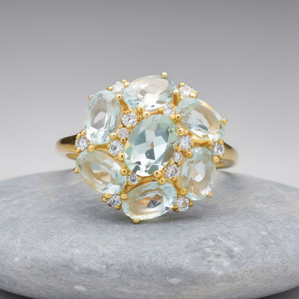 Radiant 14K Yellow Gold Aquamarine & Diamond Cluster Ring by Bachen