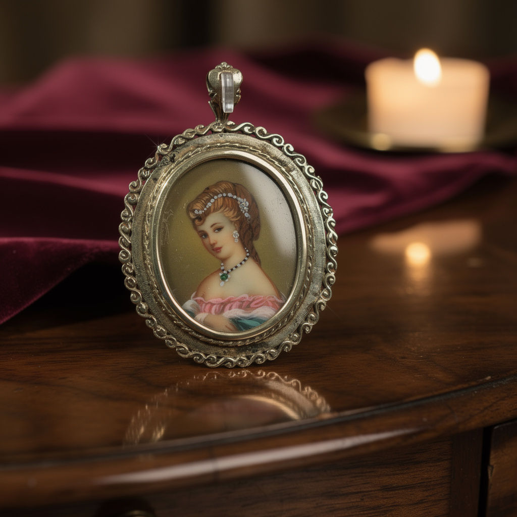 Victorian 8K Yellow Gold Painted Cameo Pendant & Pin