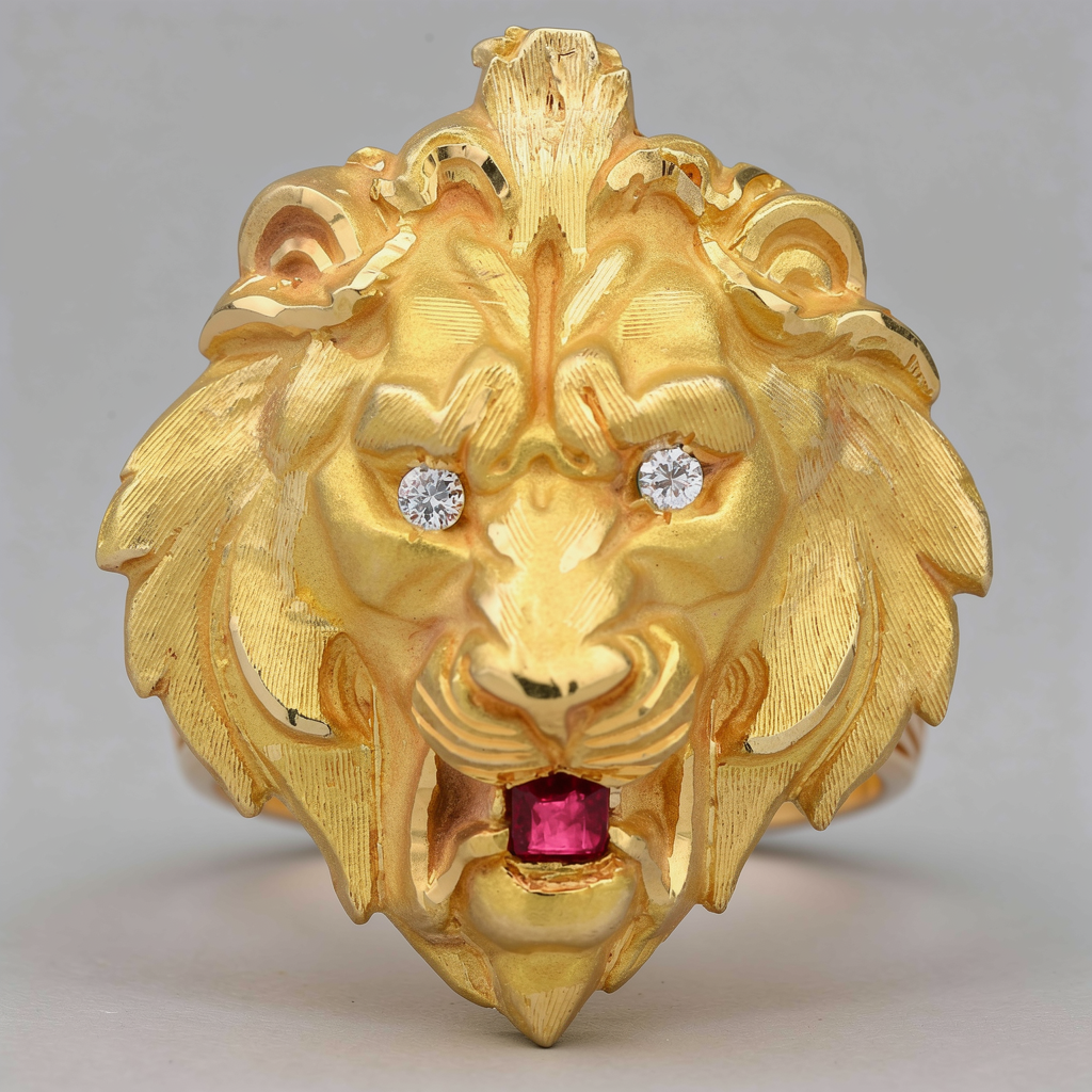 14Karat Yellow Gold Estate - Contemparary Lion Head Pendant, set with: 1