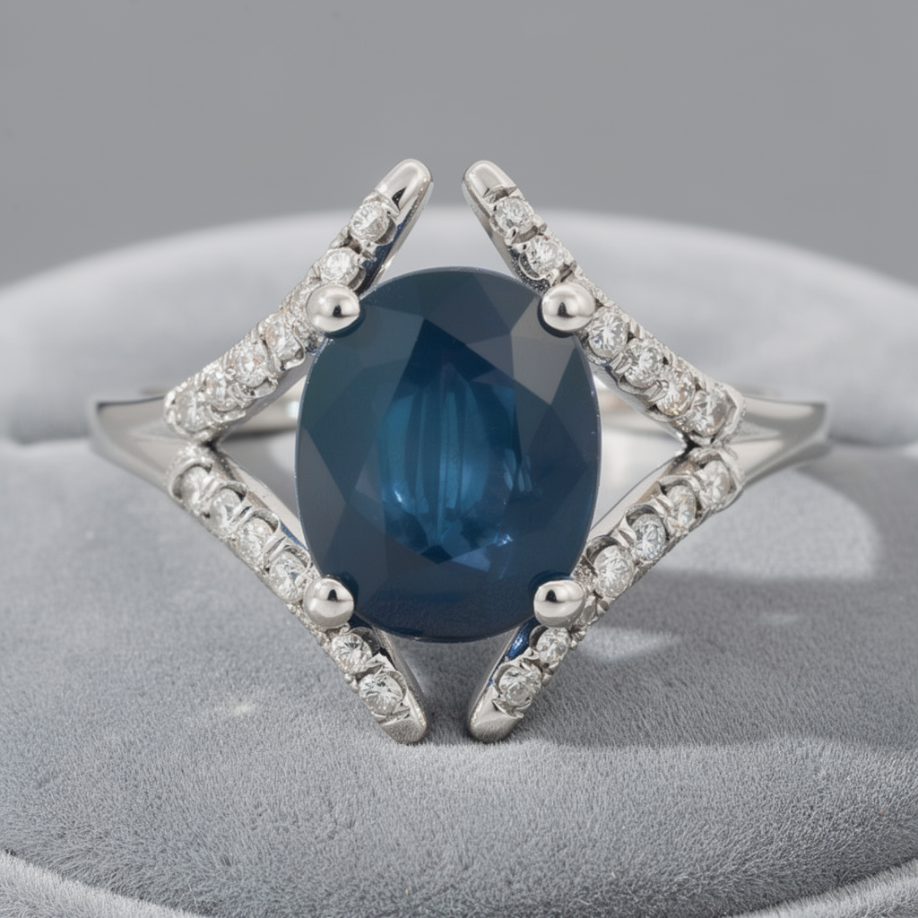 14Karat White Gold Split Shank Ring, set with: 1 Oval 2.06cttw Blue Sapphire