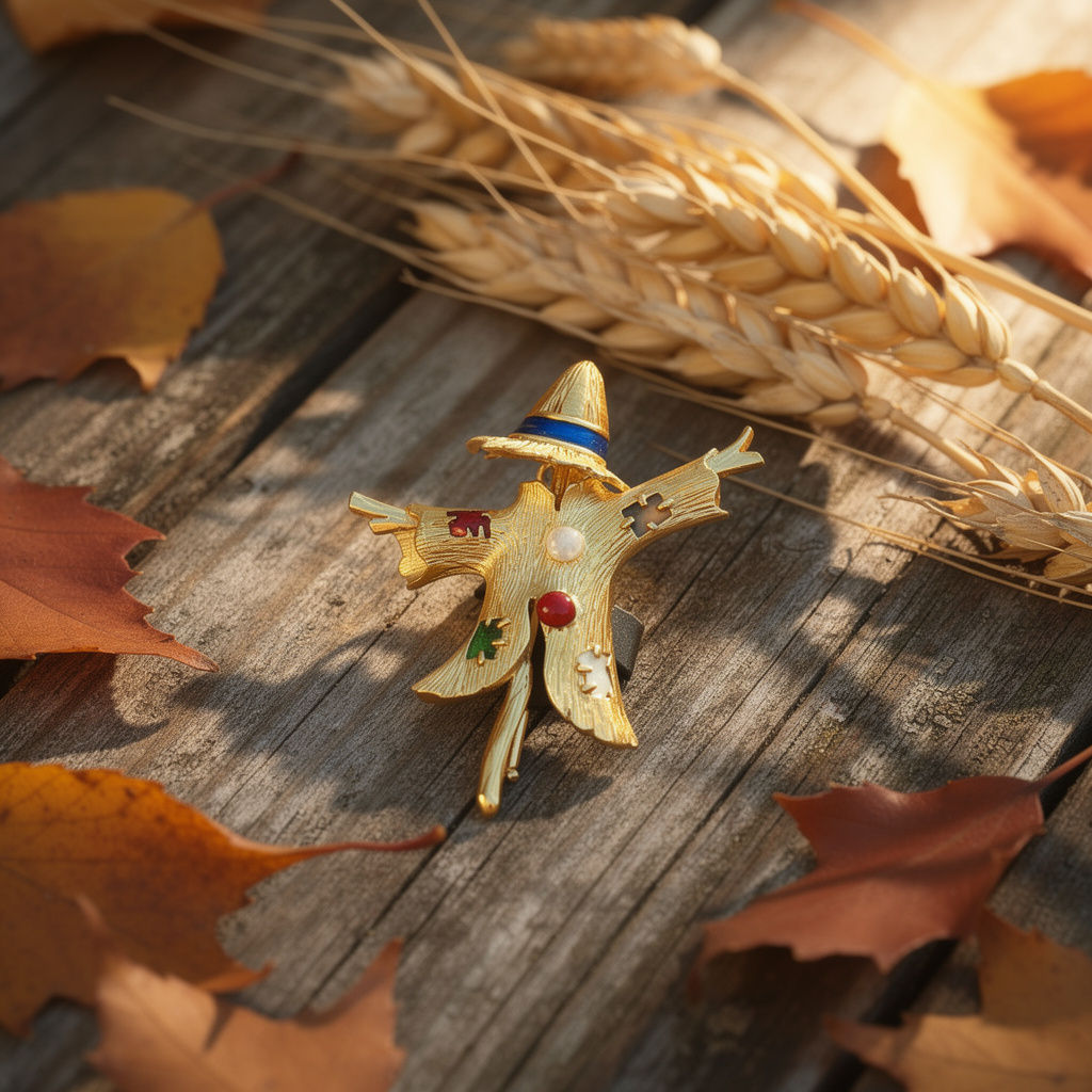 Whimsical 18K Yellow Gold Satin Engraved Scarecrow Pin with Enamel Accents