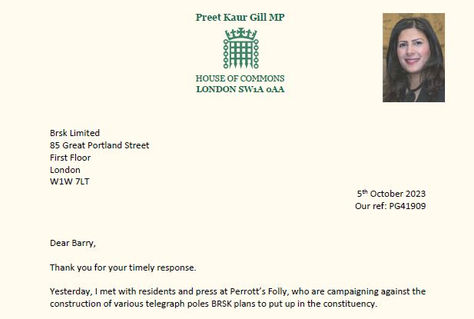 5 October 2023: Preet Kaur Gill MP writes to BRSK 