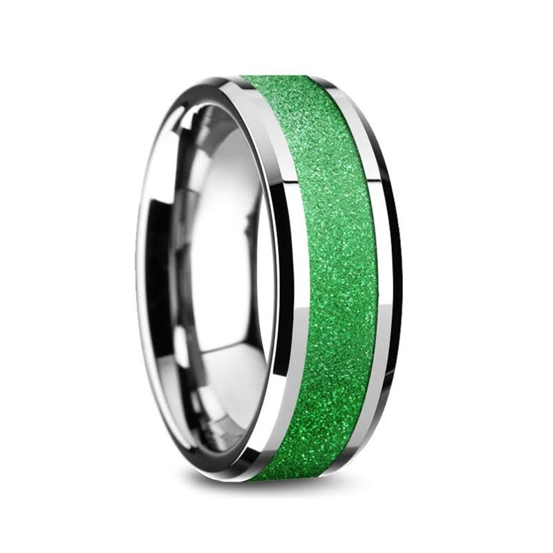 LAWRENCE Tungsten Carbide Bevel Edged Men’s Ring with Sparkling Green Inlay - 8m
