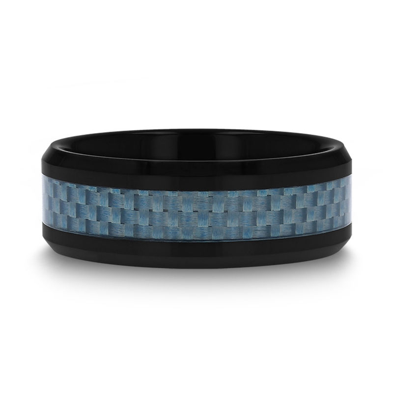 Thumbnail: ATTICUS Blue Carbon Fiber Inlaid Black Ceramic Ring with Bevels - 8mm