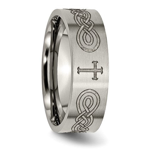 Thumbnail: Titanium Brushed Cross Laser Design 8mm Flat Band