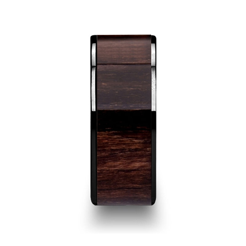 Thumbnail: KENDO Black Ceramic Polished Finish Ring with Black Walnut Wood Inlay - 6mm, 7mm