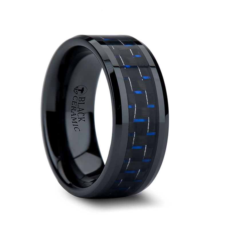 Thumbnail: AVITUS Black Beveled Ceramic Ring with Blue & Black Carbon Fiber Inlay - 4mm - 1