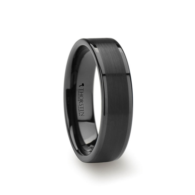 Thumbnail: VULCAN Flat Black Tungsten Ring with Brushed Center & Polished Edges - 4mm - 12m