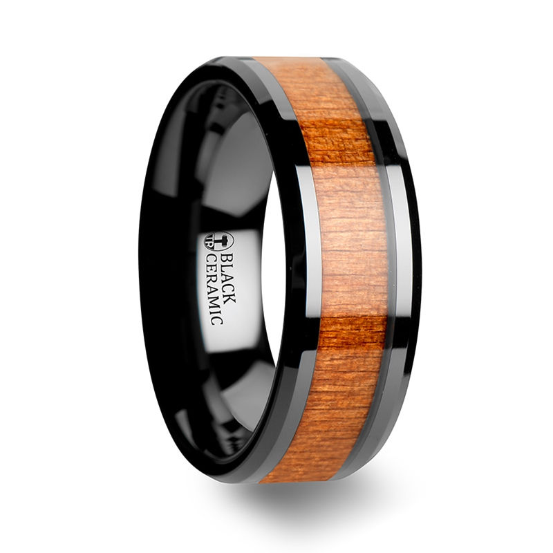 Thumbnail: IOWA Black Ceramic Wedding Ring with Polished Bevels and Black Cherry Wood Inlay