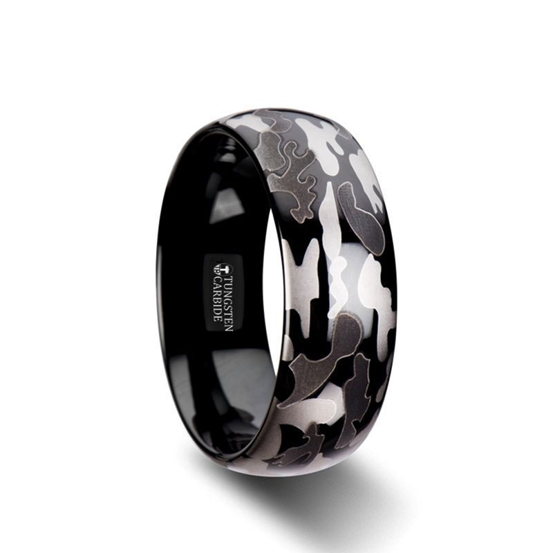 ADMIRAL Domed Black Tungsten Carbide Ring With Black And Gray Camo Pattern - 8mm