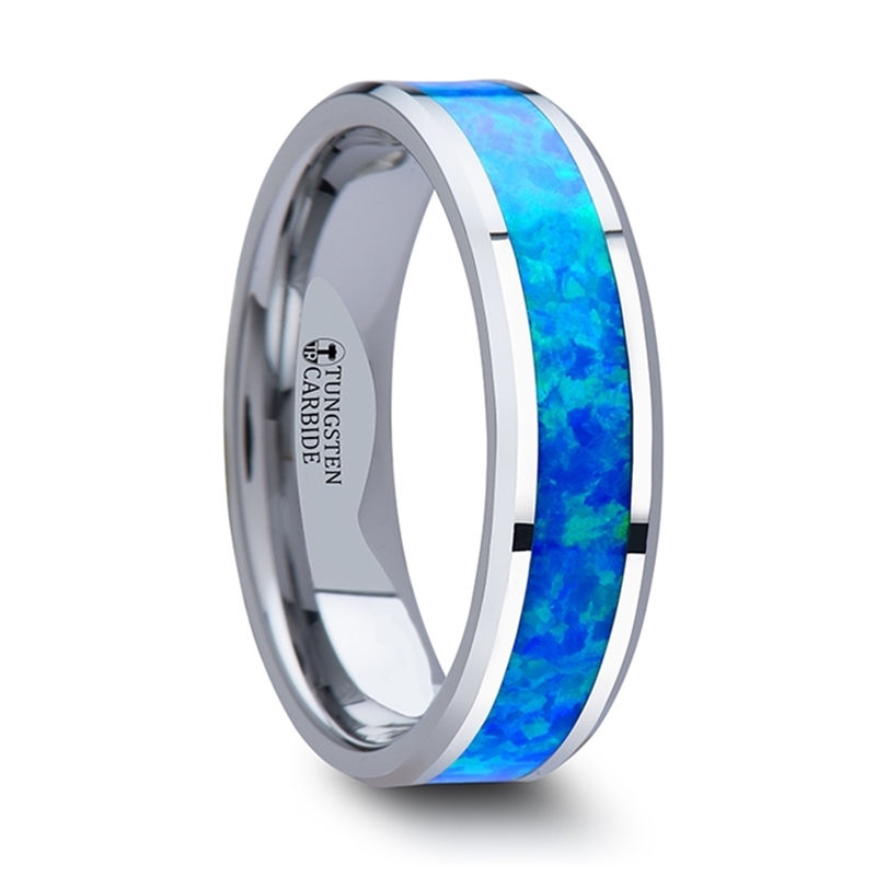 Thumbnail: QUASAR Tungsten Wedding Band with Blue Green Opal Inlay - 4mm - 10mm