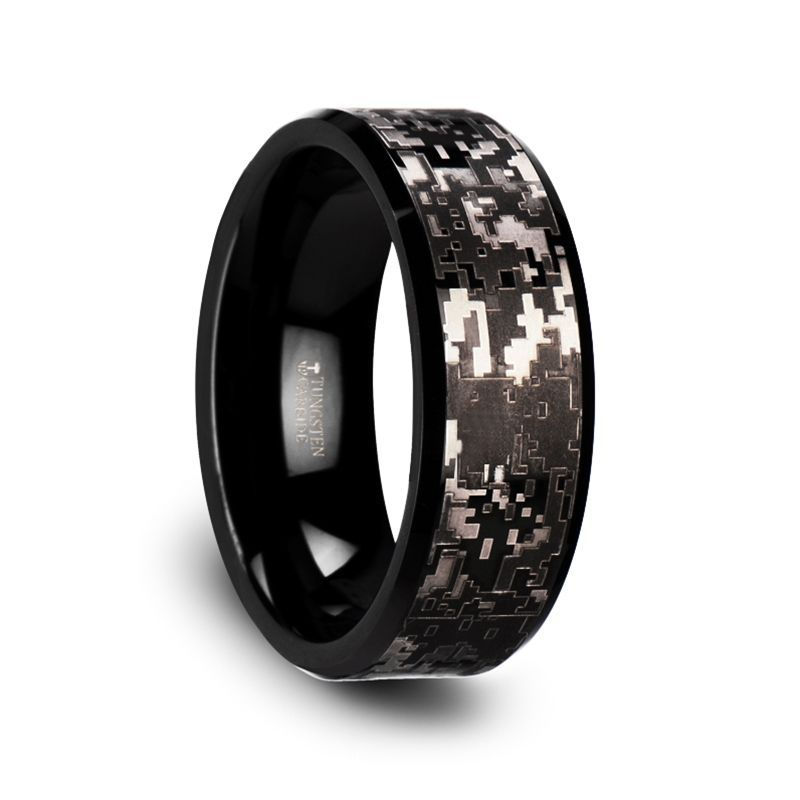 SMOKESCREEN Black Tungsten Carbide Wedding Ring With Engraved Digital Camouflage