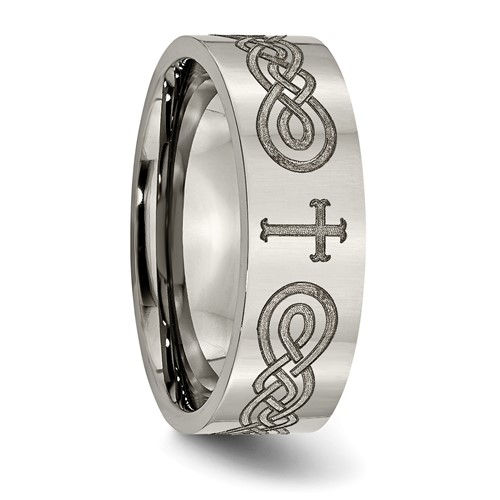 Thumbnail: Titanium Polished Cross Laser Design 8mm Flat Band