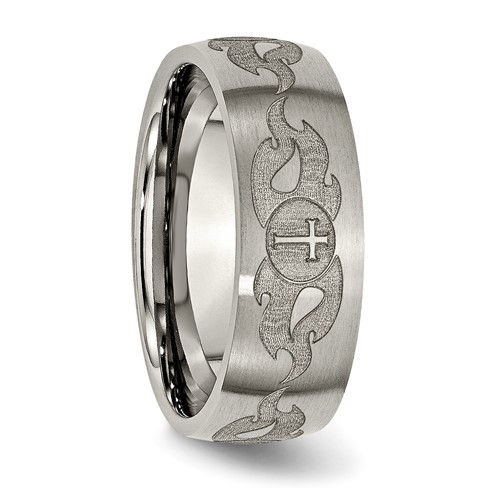 Thumbnail: Chisel Titanium Brushed Cross with Flames Laser Design 8mm Band