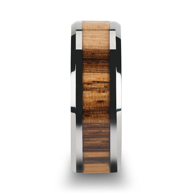 Thumbnail: PALMALETTO Tungsten Carbide Ring with Beveled Edges and Real Zebra Wood Inlay -