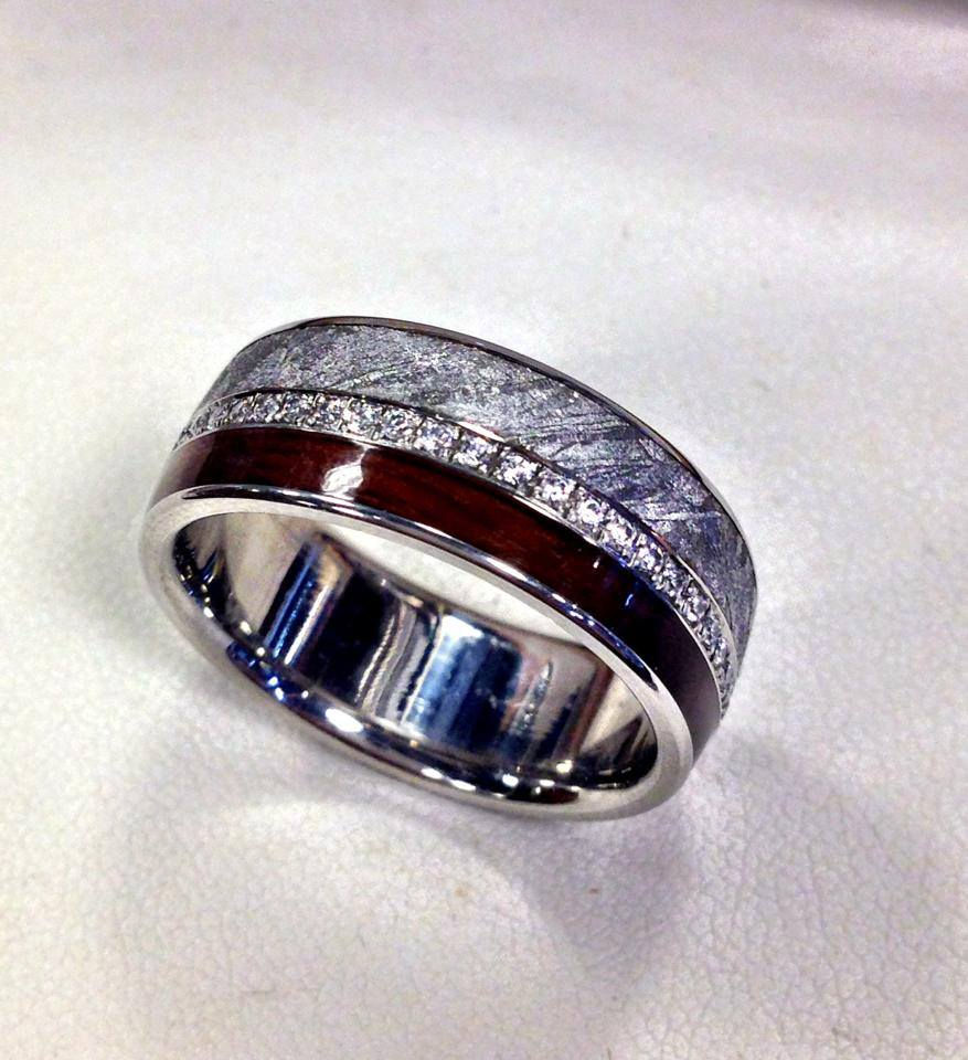 Dark Brown Wood and Meteorite Diamond Band in Titanium