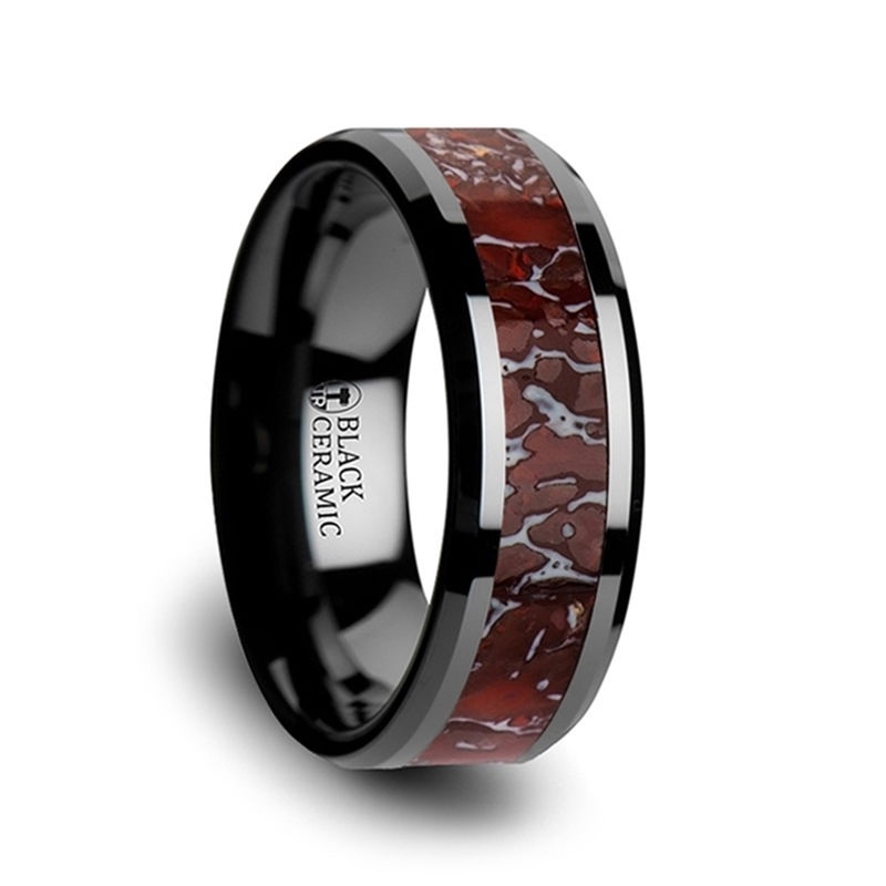Thumbnail: TRIASSIC Red Dinosaur Bone Inlaid Black Ceramic Beveled Edged Ring - 4mm & 8mm