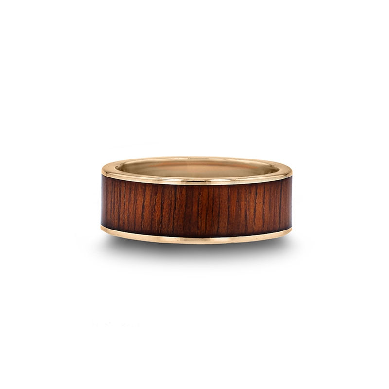 Thumbnail: AURELIAN 14K Pipe Cut Yellow Gold Ring Wedding Band with Rare Koa Wood Inlay and