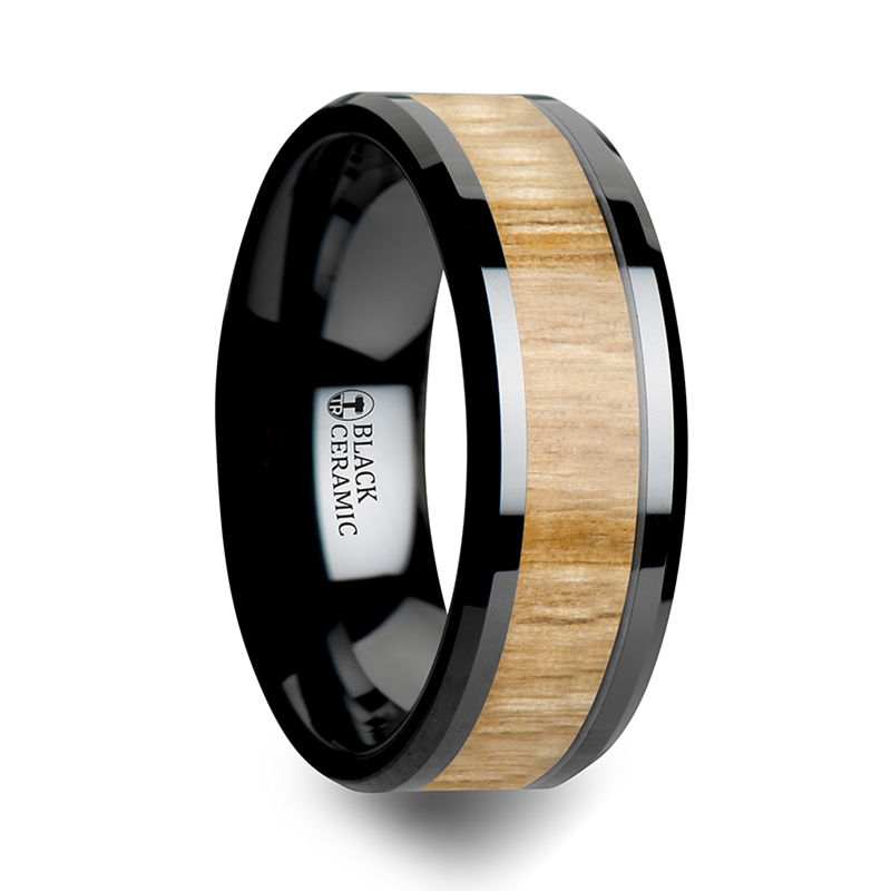 Thumbnail: FILMORE Black Ceramic Ring with Polished Bevels and Ash Wood Inlay - 6 mm - 10 m