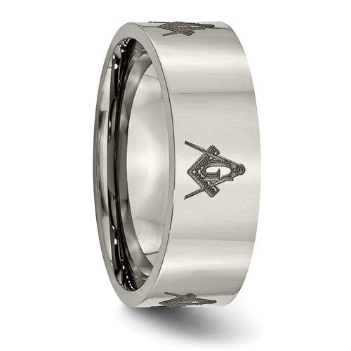 Thumbnail: Titanium Polished Masonic Laser Design 8mm Flat Band
