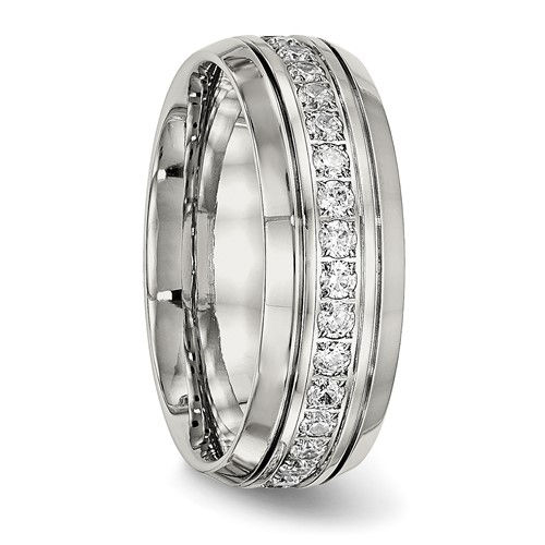 Thumbnail: Chisel Stainless Steel Polished and Grooved with CZ 8mm Half Round Band