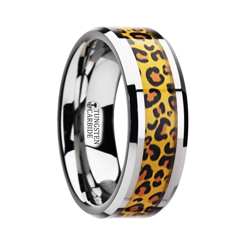 Thumbnail: SAVANNAH Tungsten Wedding Ring with Cheetah Print Animal Design Inlay - 6mm & 8m