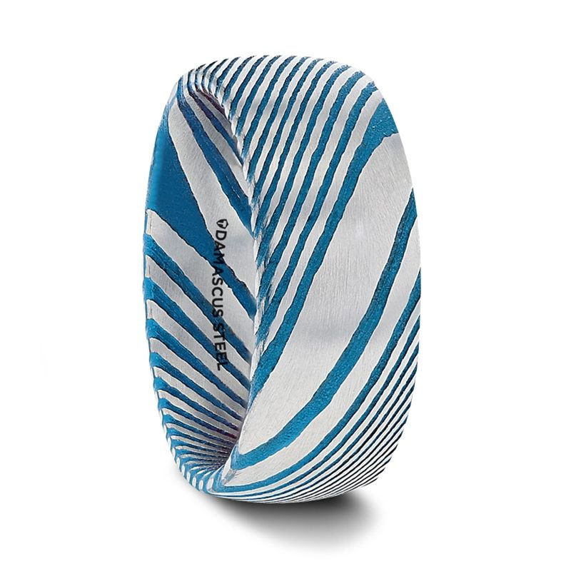 EARL Blue Domed Brushed Damascus Steel Men’s Wedding Band With Vivid Etched Desi
