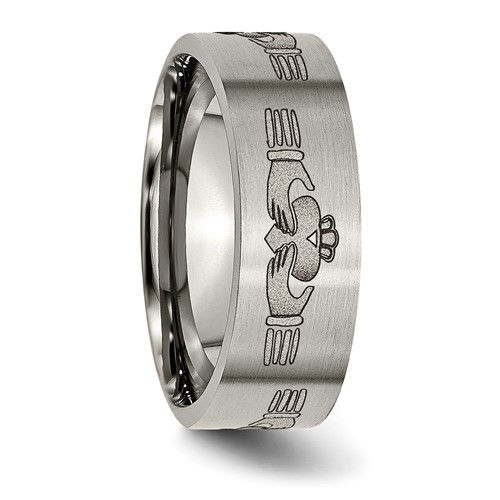 Thumbnail: Titanium Brushed Claddagh Laser Design 8mm Flat Band
