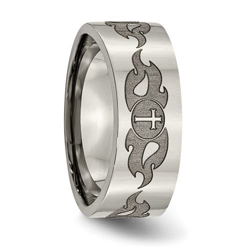 Thumbnail: Titanium Polished Cross with Flames Laser Design 8mm Flat Band